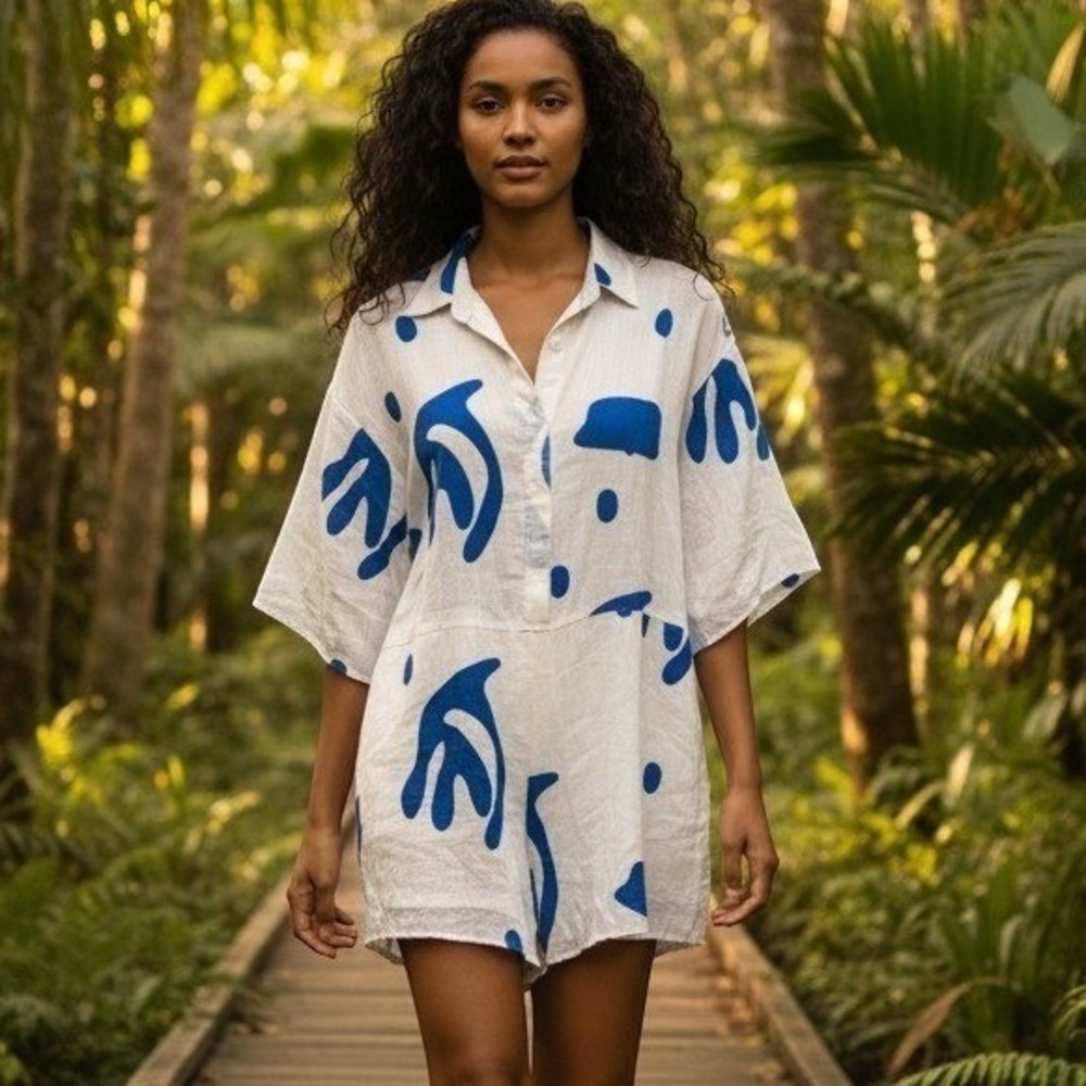Petal and Pup Kellie Romper White Blue Abstract Matisse Print Cotton Jumper XS